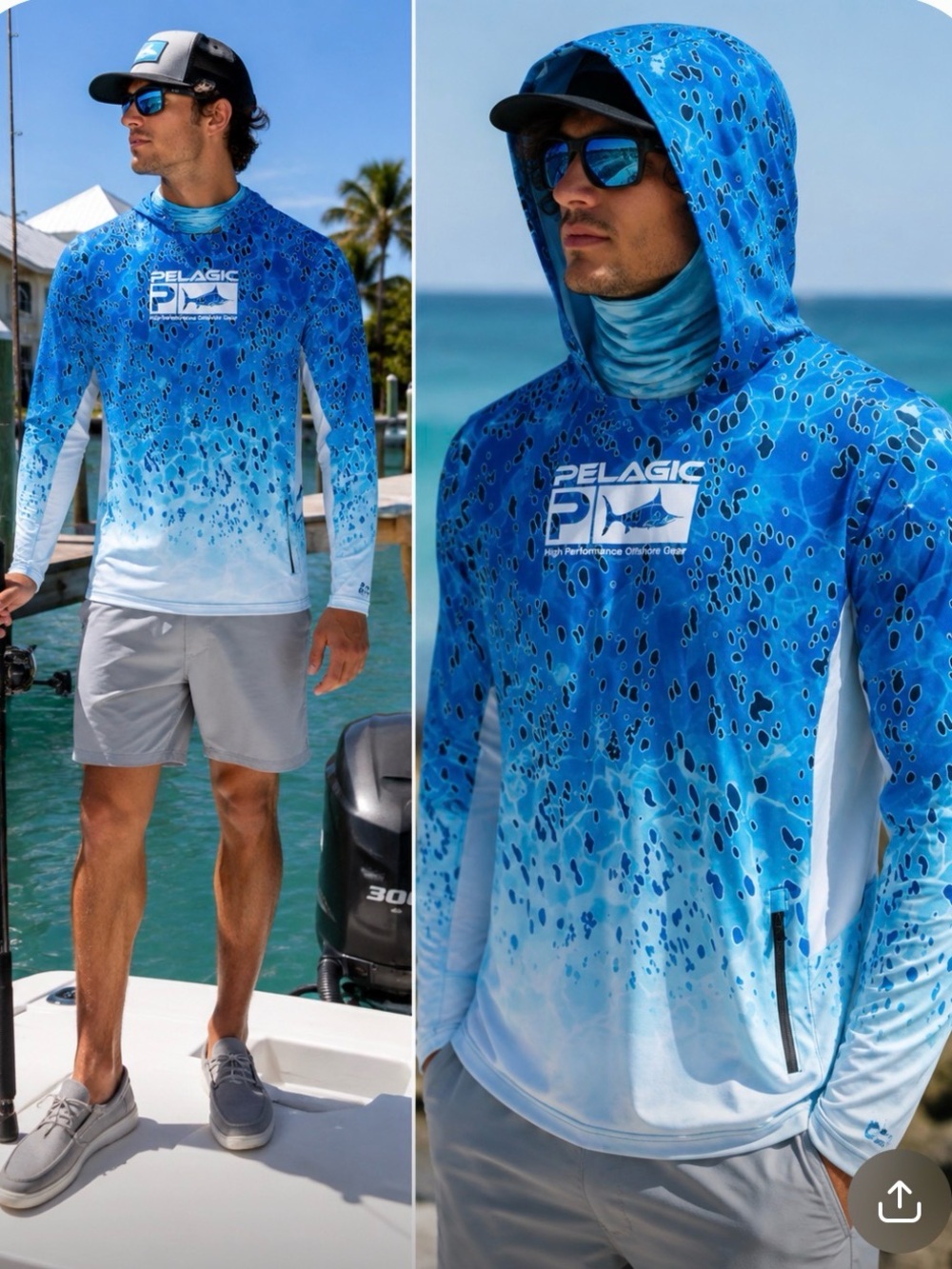 NWT Pelagic Blue Aqua Gradient Hooded Fishing Shirt